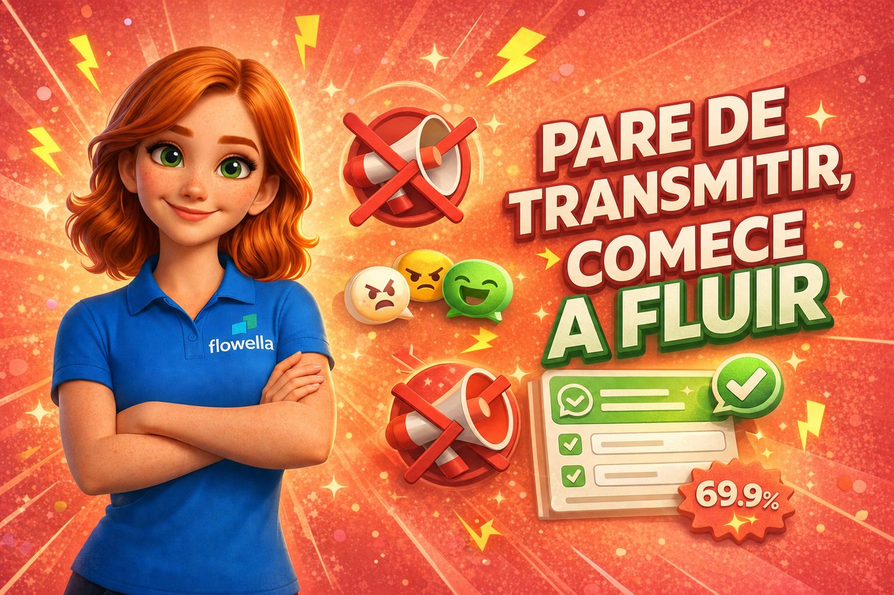 Personagem Flo com os braços cruzados ao lado do texto «Stop Broadcasting Start Flowing» num fundo cor de coral, com um megafone riscado e elementos do formulário do WhatsApp Flow