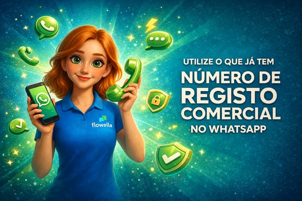 A Flo, a personagem da Flowella, segura com uma mão um smartphone onde se vê uma conversa no WhatsApp e, com a outra, um auscultador de telefone retro, ao lado da mensagem «Utilize o seu número empresarial atual no WhatsApp»