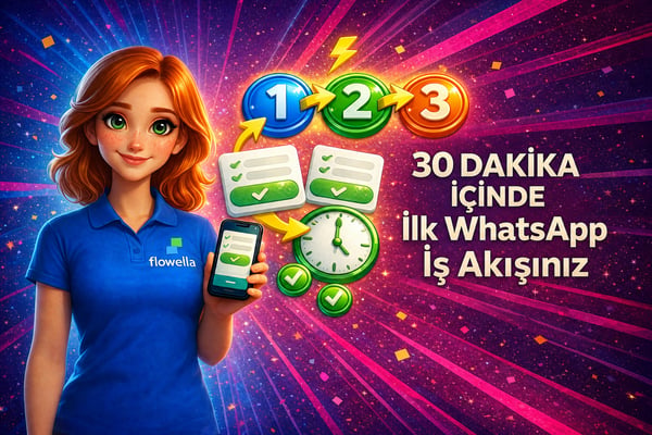 Flowella’nın maskotu Flo, WhatsApp Flow formunu gösteren bir telefon tutuyor; formda, oklarla birbirine bağlanmış üç numaralı iş akışı adımı rozeti, 30 dakikalık bir saat, form kartları ve canlı maviden pembeye geçişli bir arka plan üzerinde yeşil onay işaretleri bulunuyor