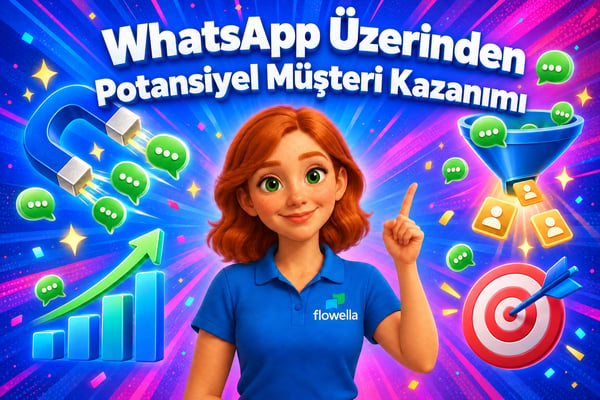 Flowella’dan Flo, bir mıknatıs, bir huni ve potansiyel müşterilere dönüşen sohbet balonlarıyla çevrili “WhatsApp Potansiyel Müşteri Kazanımı” başlığını işaret ediyor