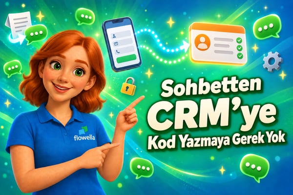 Flowella’dan Flo, “Sohbetten CRM’ye” başlığını işaret ederken; bir WhatsApp Flow formu, HubSpot kişi kartıyla senkronize ediliyor