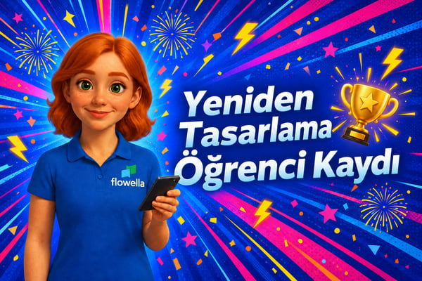 "Öğrenci Alımını Yeniden Düşünmek" başlığının yanında bir telefon tutan Flowella'dan Flo ve üniversite öğrenci alımı için WhatsApp'ı kutlayan altın bir kupa