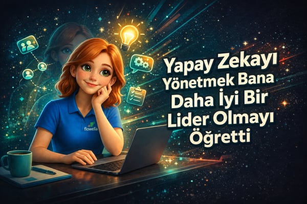 AI yönetimi bana daha iyi bir lider olmayı öğretti - Masa başında dizüstü bilgisayarı ve liderlik simgeleriyle oturan Flo karakteri
