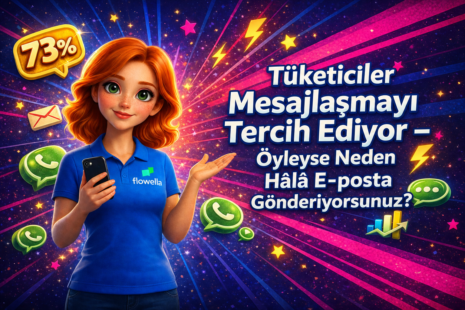 Flowella’nın maskotu Flo, elinde bir akıllı telefon tutarken “Tüketiciler Mesajlaşmayı Tercih Ediyor, Öyleyse Neden Hâlâ E-posta Gönderiyorsunuz?” başlığına doğru işaret ediyor; başlığın yanında sarı renkli %73 yazan bir konuşma balonu, WhatsApp simgeleri ve e-posta zarfları, canlı maviden pembeye geçişli bir arka plan üzerinde süzülüyor.