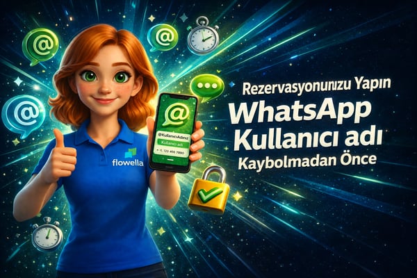 WhatsApp Business kullanıcı adınız başkası tarafından alınmadan önce ayırtın: Elinde @ kullanıcı adı görünen bir telefon tutan Flo