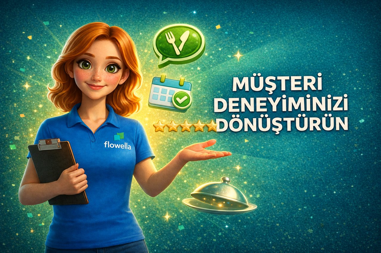 Flowella'nın maskotu Flo, elinde bir not defteri tutarken “Müşteri Deneyiminizi Dönüştürün” başlığını işaret ediyor; turkuaz renkli ışıltılı bir arka planda etrafında restoran ve WhatsApp Flows simgeleri uçuşuyor.