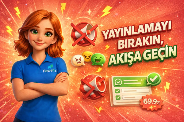 Mercan rengi arka planda, üstü çizili megafon ve WhatsApp Flow form öğeleriyle birlikte “Yayını Durdur, Akışı Başlat” yazısının yanında kollarını kavuşturmuş Flo karakteri