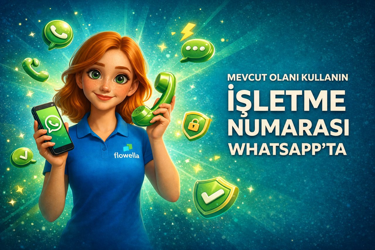 Flowella karakteri Flo, bir elinde WhatsApp sohbetinin görüntülendiği bir akıllı telefonu, diğer elinde ise retro bir telefon ahizesini tutuyor; yanında ise “WhatsApp’ta mevcut iş numaranızı kullanın” yazısı yer alıyor.