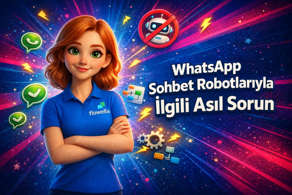 Flowella’nın maskotu Flo, “WhatsApp Sohbet Robotlarının Asıl Sorunu” başlığının yanında kollarını kavuşturmuş, kendinden emin bir şekilde duruyor; etrafında ise sohbet robotu ve WhatsApp simgeleri uçuyor.