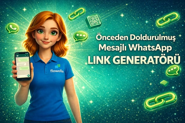 Flowella WhatsApp bağlantı oluşturucu ana banner’ı; Flo, önceden doldurulmuş bir WhatsApp mesajını gösteren bir telefonu elinde tutuyor