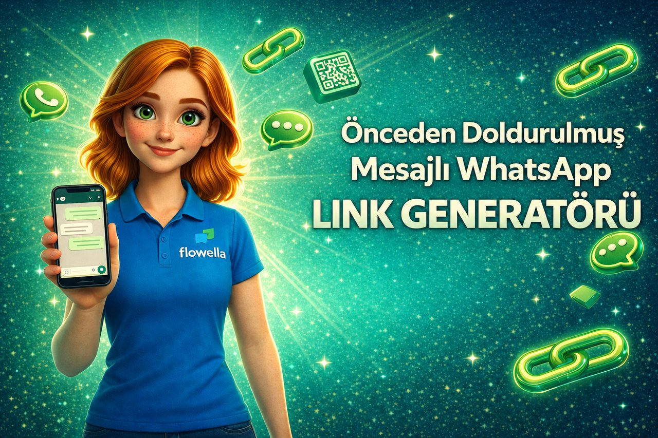 Flowella WhatsApp bağlantı oluşturucu ana banner’ı; Flo, önceden doldurulmuş bir WhatsApp mesajını gösteren bir telefonu elinde tutuyor