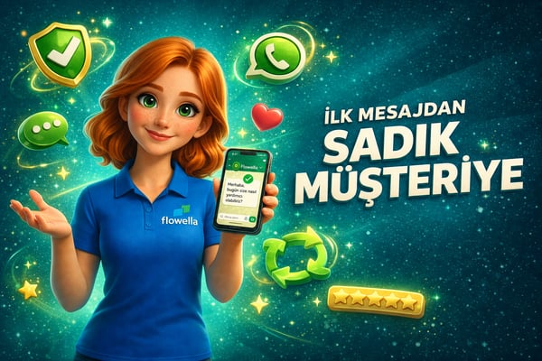 Flowella’nın maskotu Flo, üzerinde bir güven kalkanı, WhatsApp simgesi, sadakat döngüsü ve beş yıldızlı derecelendirme bulunan, doğrulama işareti ile işaretlenmiş bir WhatsApp sohbetini gösteren bir telefonu tutuyor; başlıkta ise “İlk Mesajdan Sadık Müşteriye” yazıyor; arka plan ise turkuaz renginde