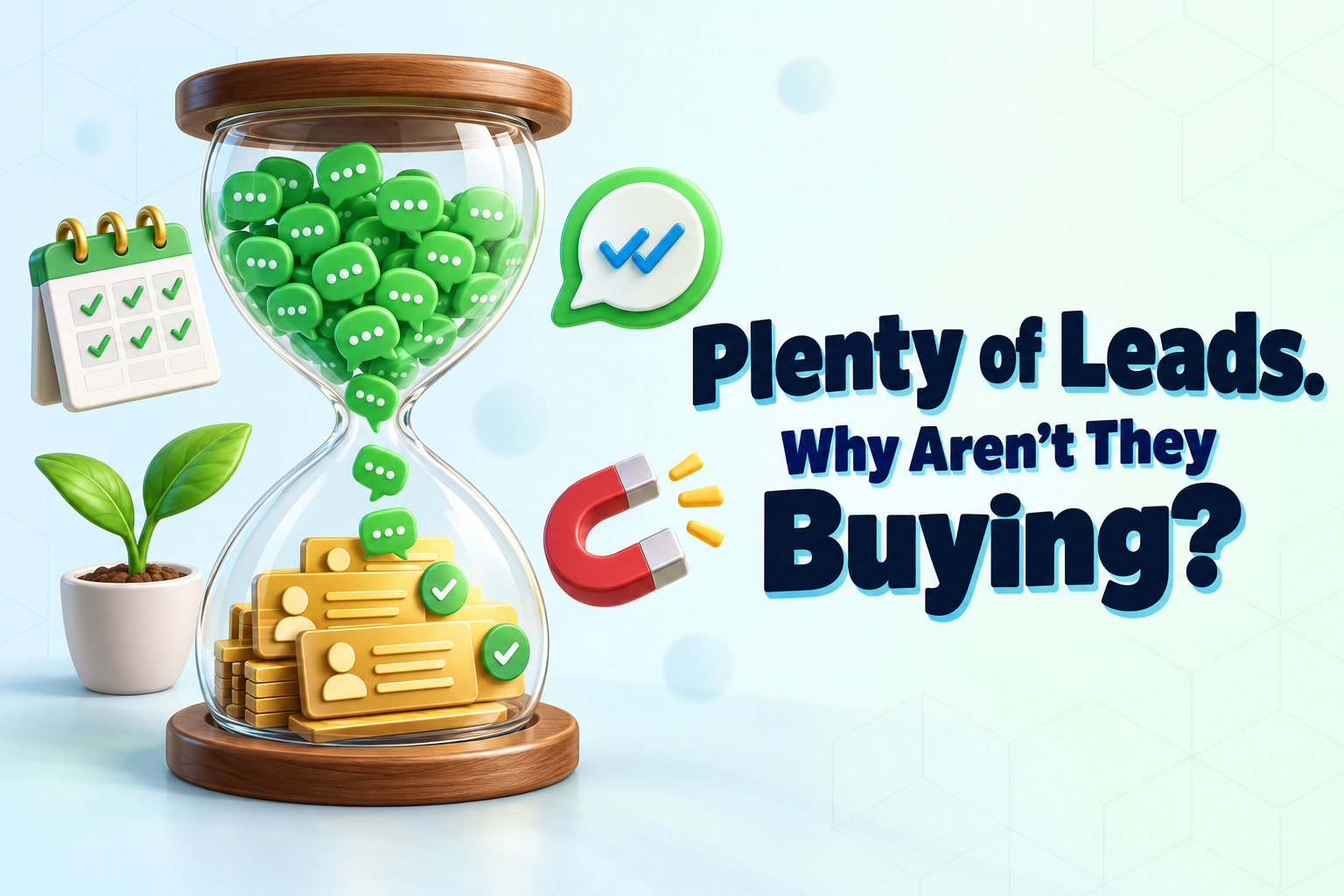 Hourglass filling with WhatsApp chat bubbles that turn into contact cards, illustrating why leads aren't buying yet