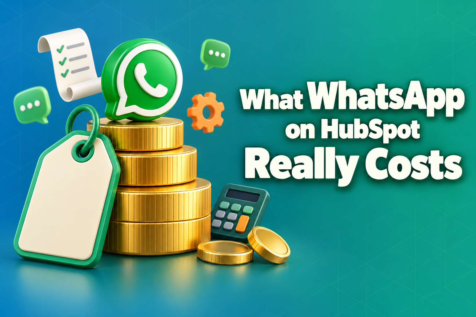 WhatsApp HubSpot cost: a price tag leaning on a stack of gold coins topped with a green chat bubble, beside the headline What WhatsApp on HubSpot Really Costs