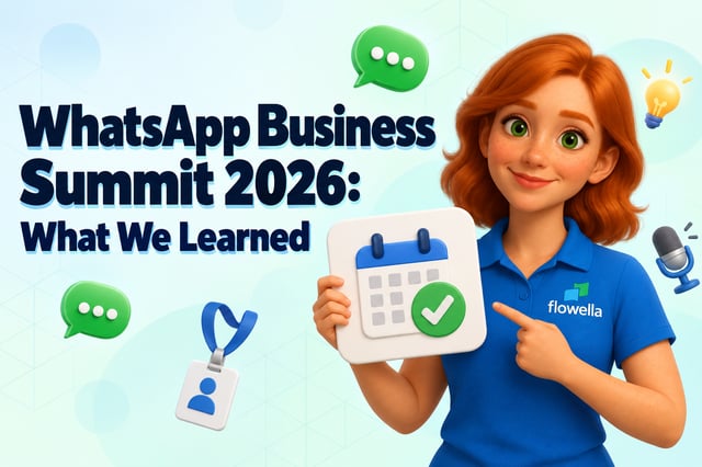 Erkenntnisse vom WhatsApp Business Summit 2026: Flo hält ein Kalenderschild neben der Überschrift „Was wir gelernt haben“