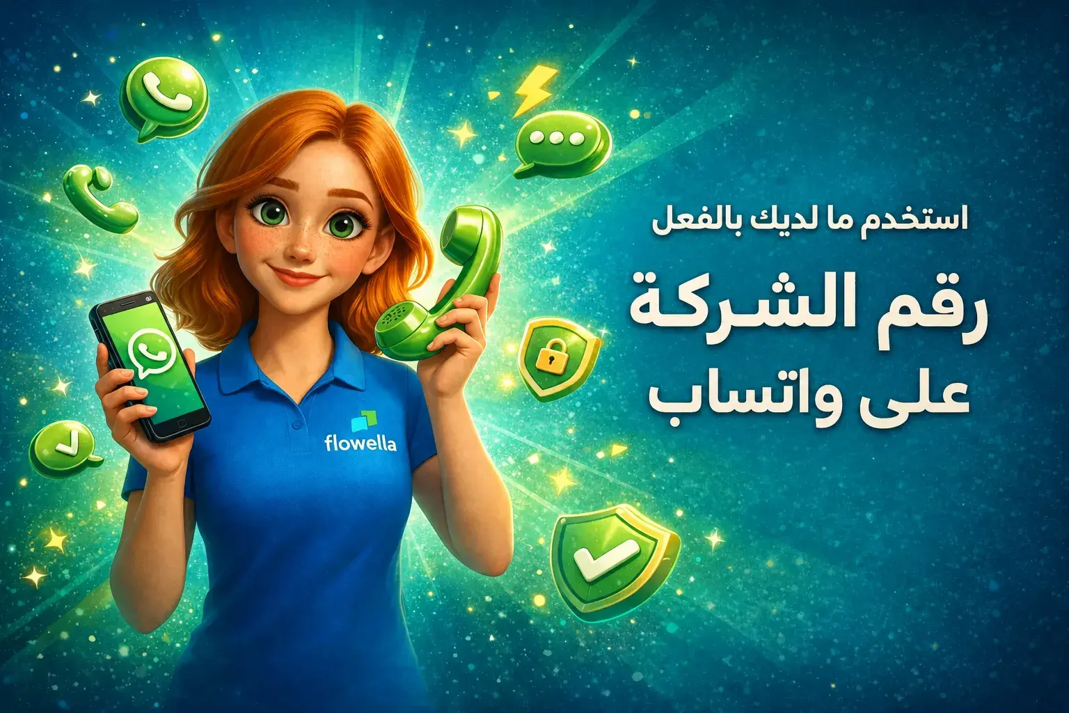 تظهر «فلو»، الشخصية من «فلوويلا»، وهي تحمل في إحدى يديها هاتفًا ذكيًّا يعرض محادثة على «واتساب»، وفي اليد الأخرى سماعة هاتف قديمة الطراز، بجانب العبارة «استخدم رقم عملك الحالي على واتساب»