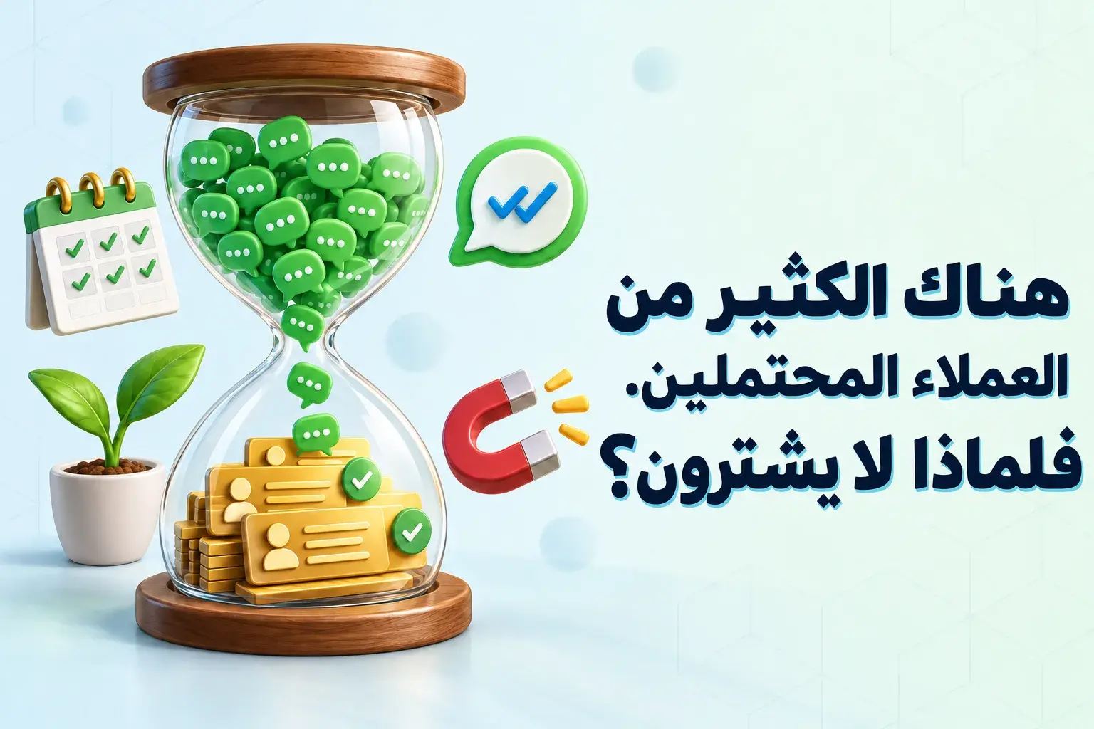 ساعة رملية تمتلئ بفقاعات محادثة من «واتساب» تتحول إلى بطاقات اتصال، مما يوضح سبب عدم قيام العملاء المحتملين بالشراء حتى الآن