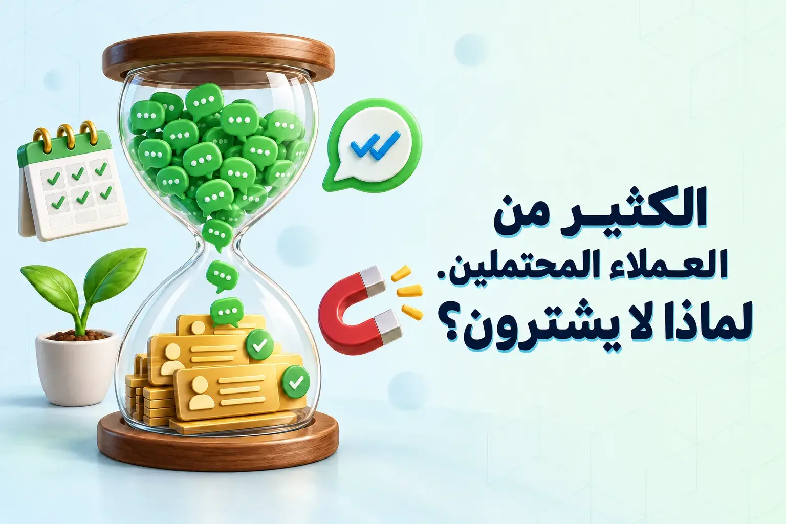 ساعة رملية تمتلئ بفقاعات محادثة من «واتساب» تتحول إلى بطاقات اتصال، مما يوضح سبب عدم قيام العملاء المحتملين بالشراء حتى الآن