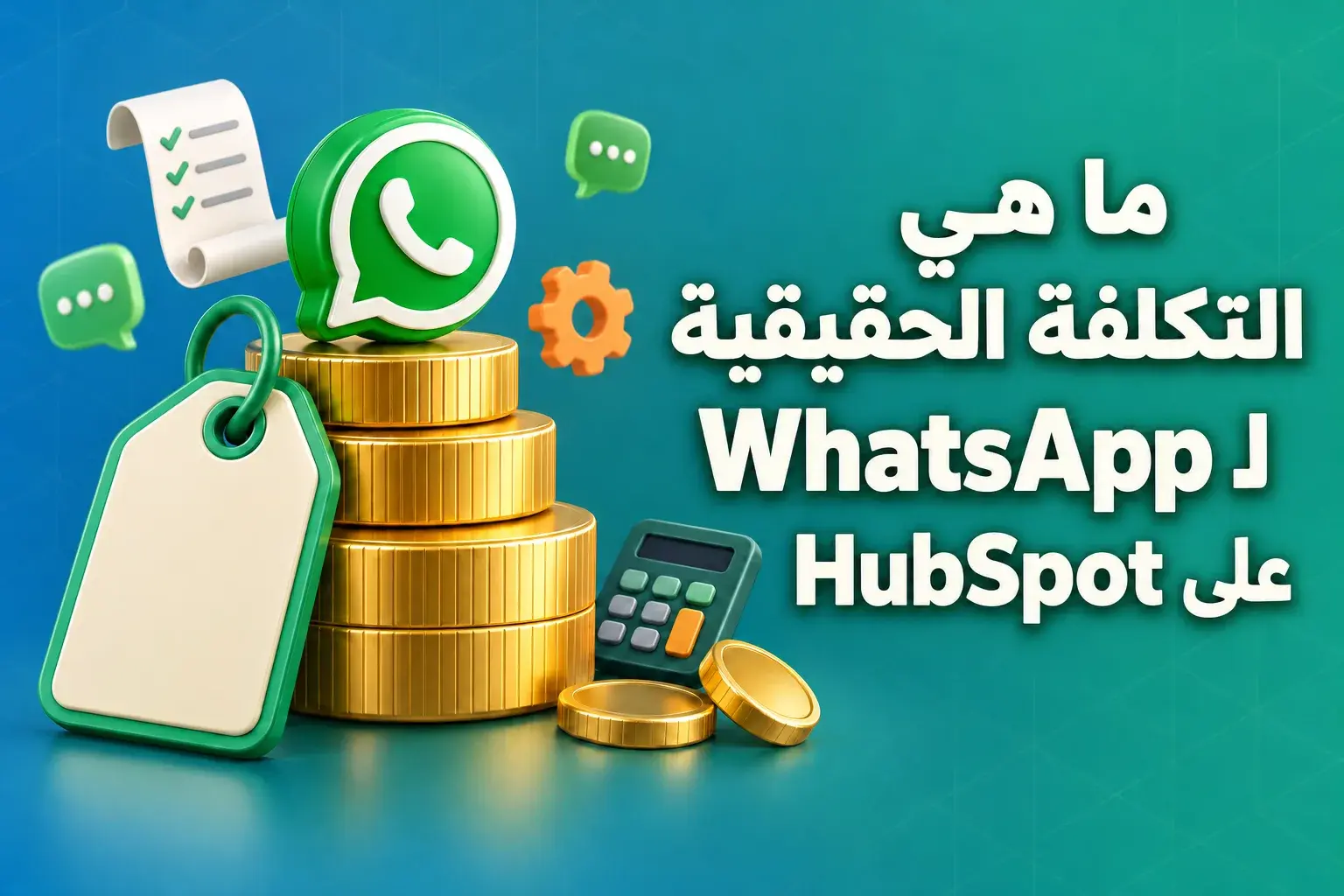 تكلفة WhatsApp على HubSpot: بطاقة سعر ترتكز على كومة من العملات الذهبية تعلوها فقاعة دردشة خضراء، بجانب العنوان «ما هي التكلفة الحقيقية لـ WhatsApp على HubSpot»