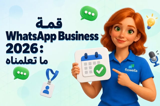 دروس من قمة WhatsApp Business 2026: Flo تحمل لافتة تقويم بجانب العنوان «ما تعلمناه»
