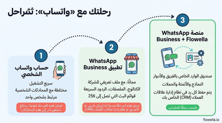 WhatsApp Business app vs API journey: three stages from personal WhatsApp to the WhatsApp Business app to the WhatsApp Business Platform with Flowella