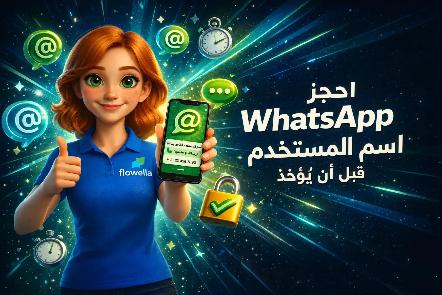 احجز اسم المستخدم الخاص بك على WhatsApp Business قبل أن يتم حجزه: «فلو» وهي تحمل هاتفًا يظهر عليه اسم مستخدم يبدأ بـ @
