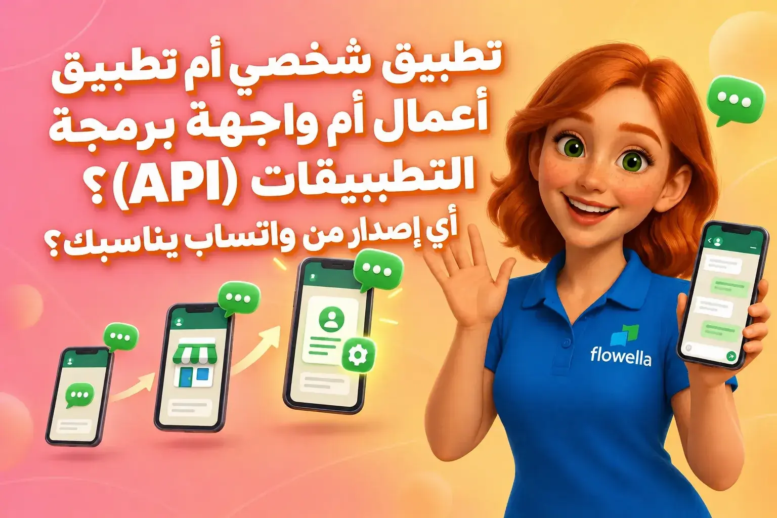 تطبيق «WhatsApp Business» مقابل واجهة برمجة التطبيقات (API): «فلو» من «فلوويلا» تلوح بيدها بجانب ثلاثة هواتف توضح الانتقال من حساب «WhatsApp» الشخصي إلى تطبيق «WhatsApp Business» ثم إلى منصة «WhatsApp Business»