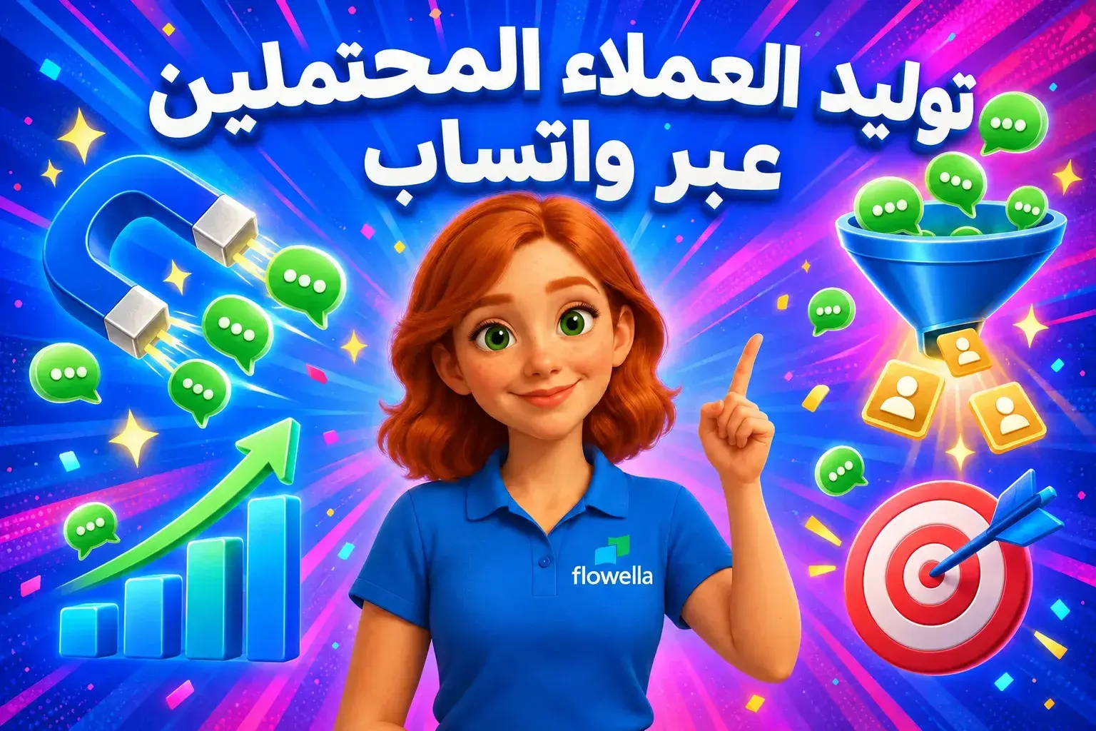 «فلو» من «فلوويلا» تشير إلى العنوان «توليد العملاء المحتملين عبر واتساب»، وهي محاطة بمغناطيس ومسار تحويل وفقاعات دردشة تتحول إلى عملاء محتملين