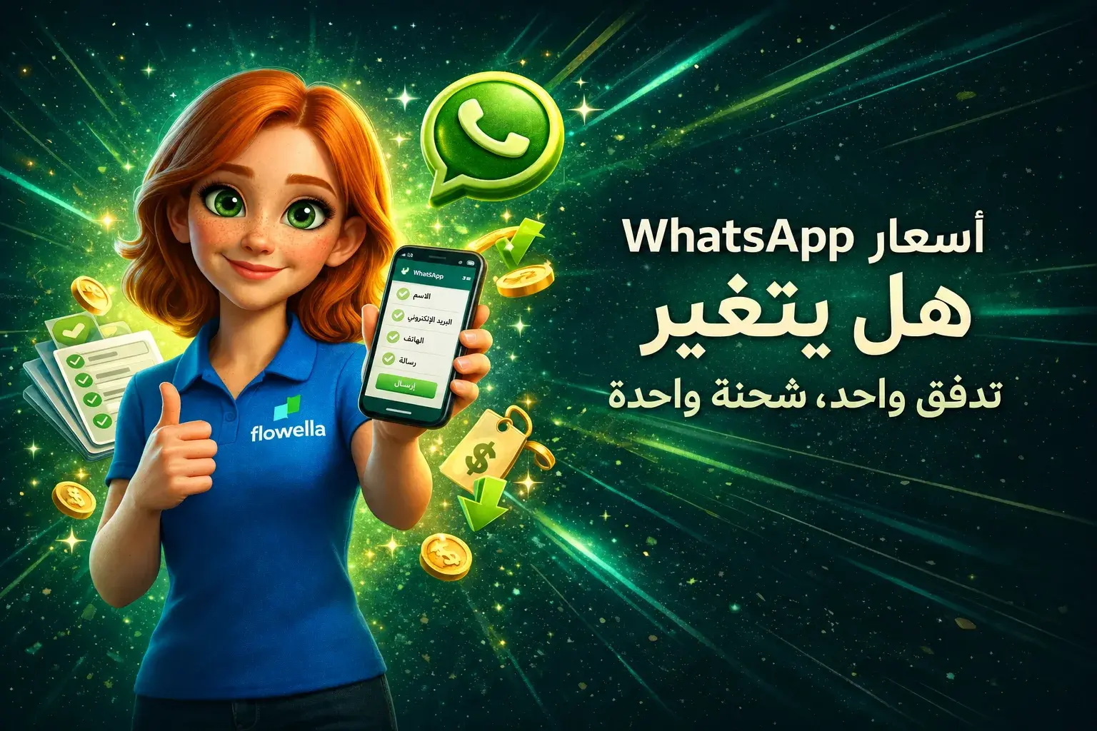 فلو وهي تحمل هاتفًا يعرض نموذج «WhatsApp Flow»، مع عبارة «تغير أسعار WhatsApp: تدفق واحد، رسوم واحدة»
