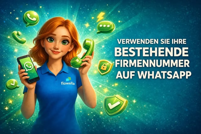 Flo, die Figur aus „Flowella“, hält in der einen Hand ein Smartphone, auf dem ein WhatsApp-Chat zu sehen ist, und in der anderen einen Retro-Telefonhörer, daneben steht der Text „Verwende deine bestehende Geschäftsnummer auf WhatsApp“.