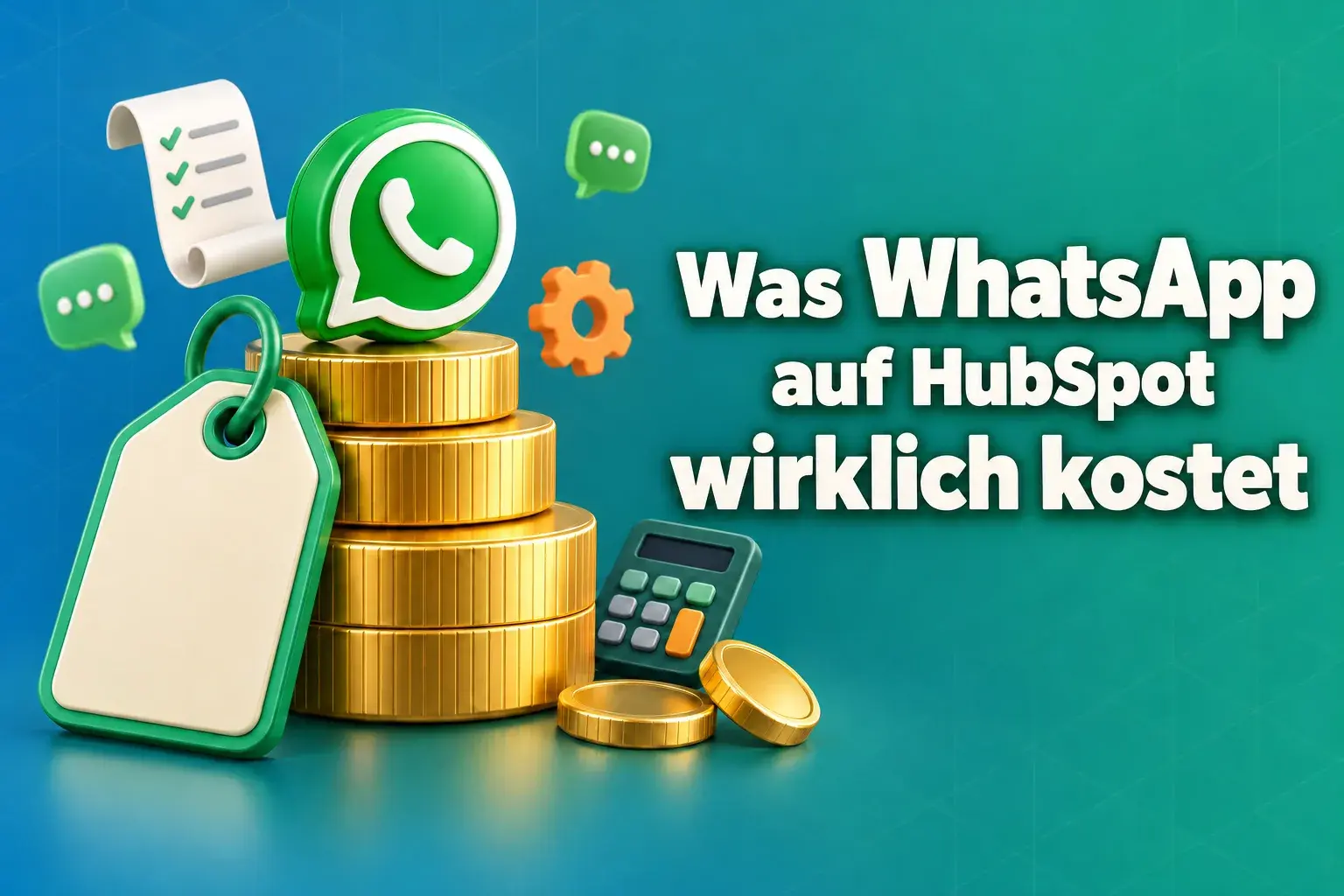 Kosten für WhatsApp auf HubSpot: Ein Preisschild, das auf einem Stapel Goldmünzen ruht und von einer grünen Chat-Blase gekrönt wird, neben der Überschrift „Was WhatsApp auf HubSpot wirklich kostet“