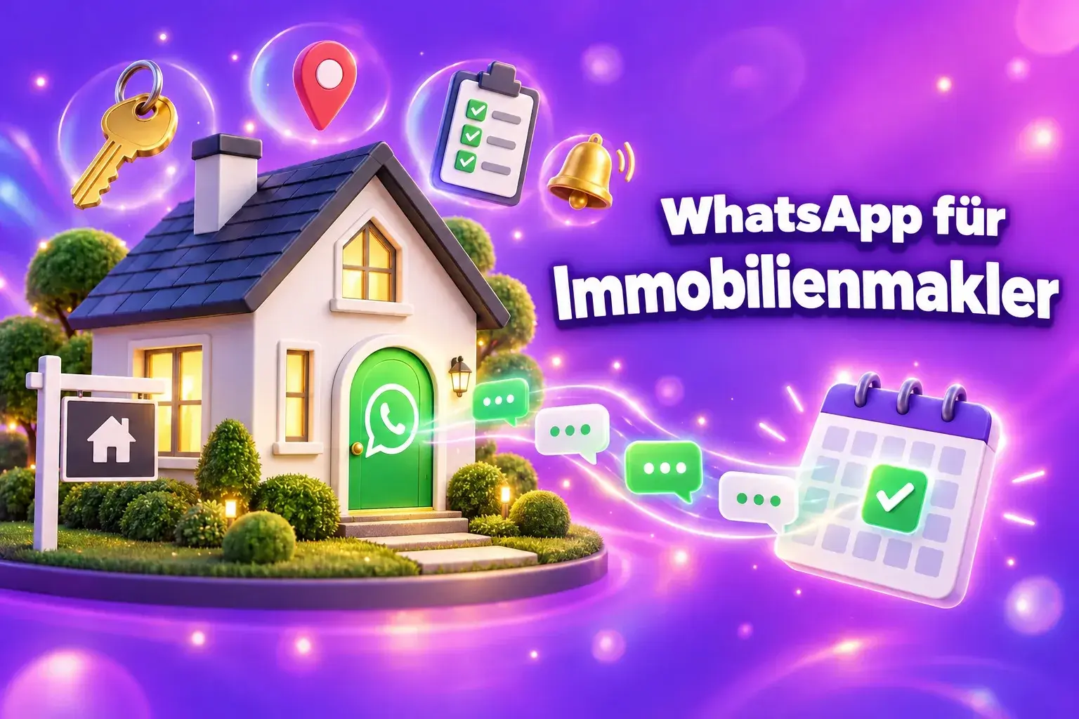 WhatsApp für Immobilienmakler: Ein 3D-Haus mit einer WhatsApp-Chat-Tür, über die Nachrichten an einen Kalender für vereinbarte Besichtigungstermine gesendet werden