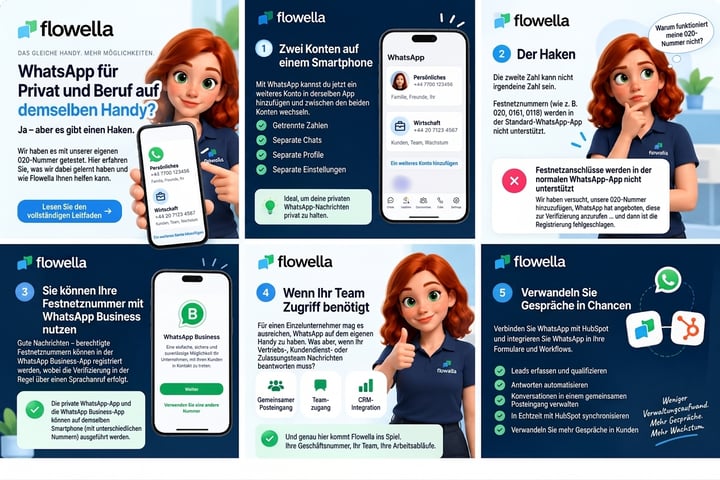 Erklärvideo, das die private und geschäftliche WhatsApp-Nutzung auf demselben Smartphone zeigt, erklärt, warum Festnetznummern in der Standard-App nicht funktionieren, und erläutert, wie Flowella Teams einen gemeinsamen Posteingang ermöglicht