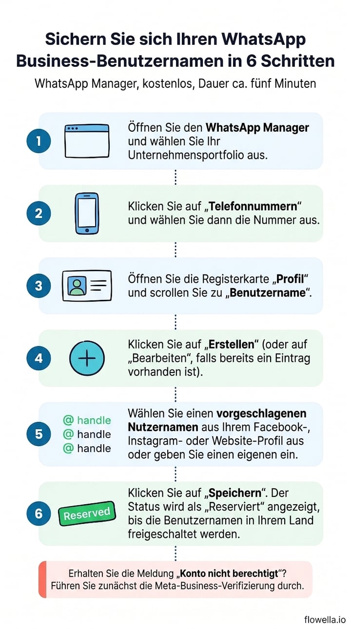 Infografik: So reservieren Sie in sechs Schritten einen WhatsApp Business-Benutzernamen im WhatsApp Manager