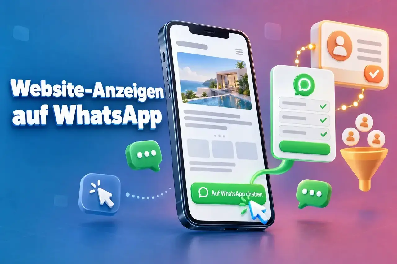 Anzeigen von der Website auf WhatsApp: Eine Landingpage auf dem Smartphone mit einer Schaltfläche „Chat auf WhatsApp“, die einen WhatsApp Flow und eine CRM-Kontaktkarte auslöst