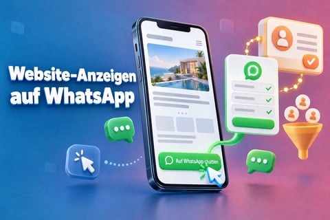 Anzeigen von der Website auf WhatsApp: Eine Landingpage auf dem Smartphone mit einer Schaltfläche „Chat auf WhatsApp“, die einen WhatsApp Flow und eine CRM-Kontaktkarte auslöst