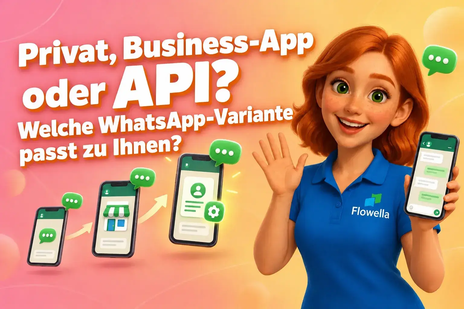WhatsApp Business App vs. API: Flo von Flowella winkt neben drei Smartphones und veranschaulicht damit den Übergang von der privaten WhatsApp-App über die Business-App zur WhatsApp Business Platform