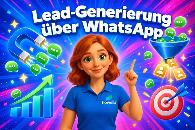 Flo von Flowella zeigt auf die Überschrift „WhatsApp Lead Generation“, umgeben von einem Magneten, einem Trichter und Sprechblasen, aus denen Leads entstehen