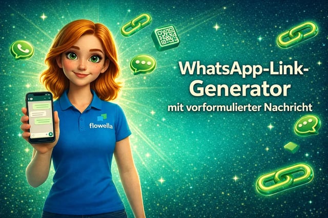 Flowella WhatsApp-Link-Generator: Hero-Banner mit Flo, der ein Handy in der Hand hält, auf dem eine vorausgefüllte WhatsApp-Nachricht zu sehen ist