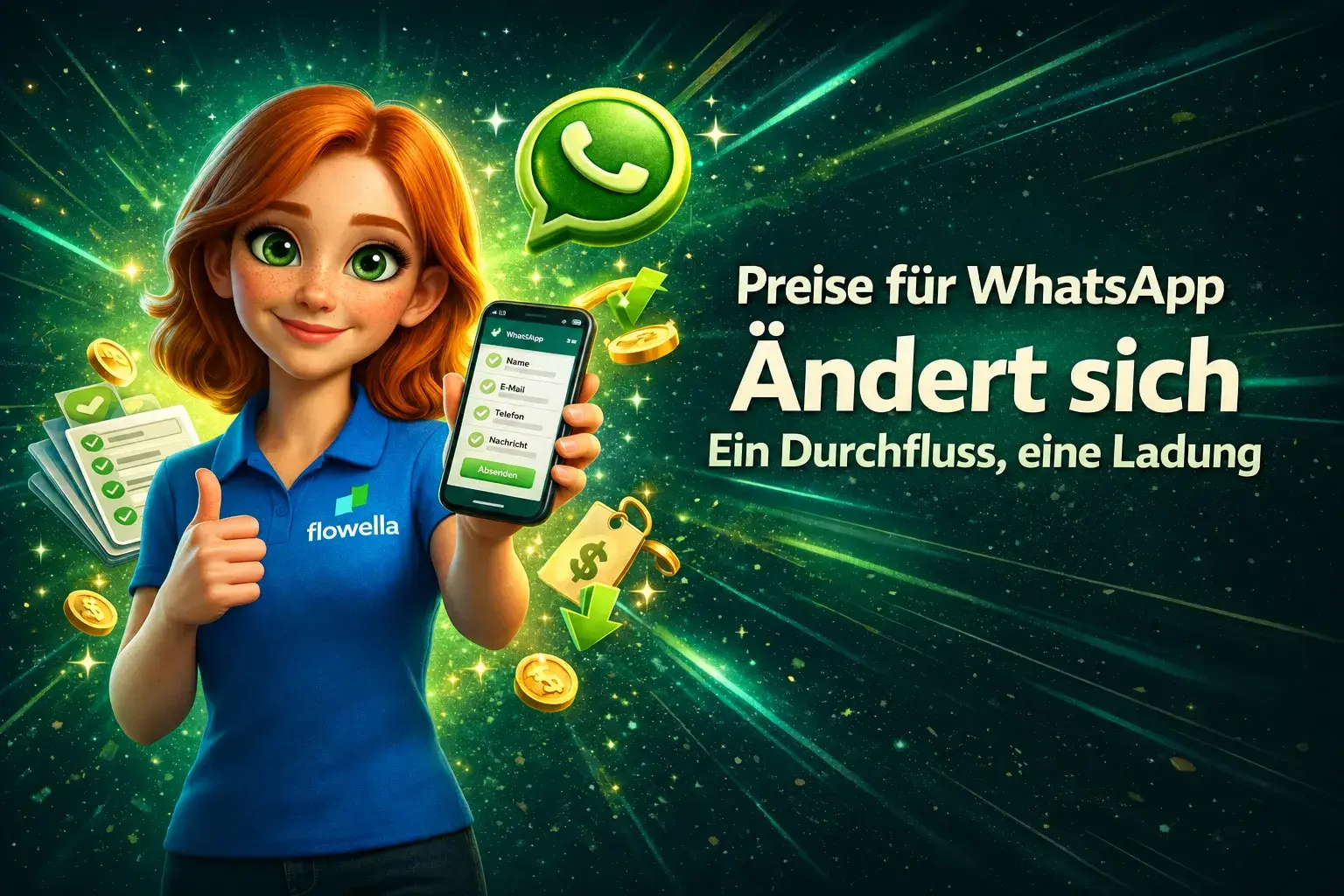 Flo hält ein Smartphone in der Hand, auf dessen Bildschirm ein WhatsApp Flow zu sehen ist, mit der Aufschrift „Die WhatsApp-Preise ändern sich – ein Flow, eine Gebühr“