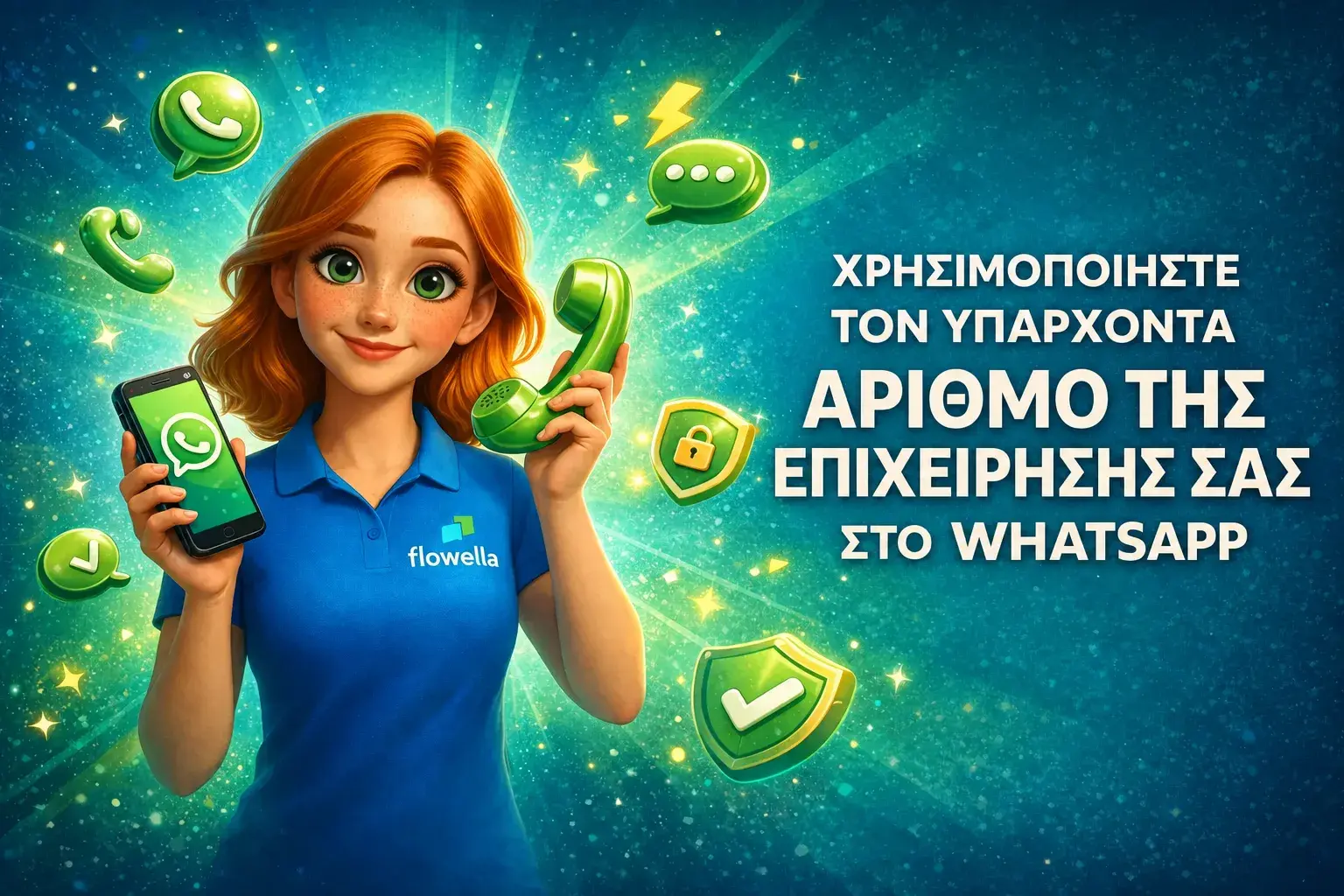 Η Flo, η ηρωίδα της σειράς «Flowella», κρατάει στο ένα χέρι ένα smartphone στο οποίο εμφανίζεται μια συνομιλία στο WhatsApp και στο άλλο ένα ρετρό ακουστικό τηλεφώνου, δίπλα στις λέξεις «Χρησιμοποιήστε τον υπάρχοντα επαγγελματικό σας αριθμό στο WhatsApp»