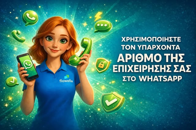 Η Flo, η ηρωίδα της σειράς «Flowella», κρατάει στο ένα χέρι ένα smartphone στο οποίο εμφανίζεται μια συνομιλία στο WhatsApp και στο άλλο ένα ρετρό ακουστικό τηλεφώνου, δίπλα στις λέξεις «Χρησιμοποιήστε τον υπάρχοντα επαγγελματικό σας αριθμό στο WhatsApp»