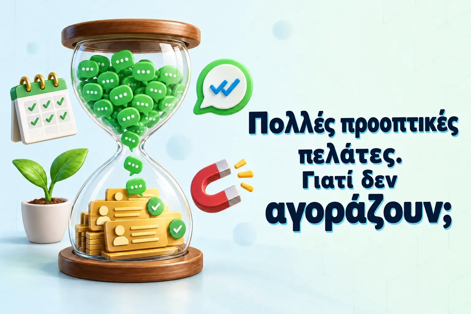 Κλεψύδρα που γεμίζει με φυσαλίδες συνομιλίας του WhatsApp που μετατρέπονται σε κάρτες επαφών, δείχνοντας γιατί οι υποψήφιοι πελάτες δεν αγοράζουν ακόμα