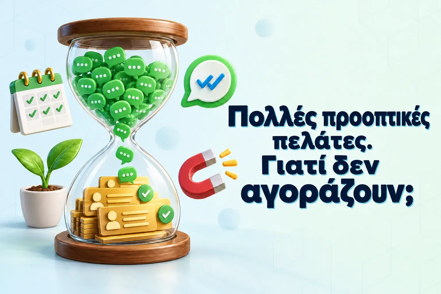 Κλεψύδρα που γεμίζει με φυσαλίδες συνομιλίας του WhatsApp που μετατρέπονται σε κάρτες επαφών, δείχνοντας γιατί οι υποψήφιοι πελάτες δεν αγοράζουν ακόμα