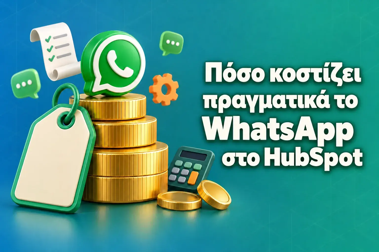 Κόστος του WhatsApp στο HubSpot: μια ετικέτα τιμής που στηρίζεται σε μια στοίβα χρυσών νομισμάτων, με ένα πράσινο μπαλόνι συνομιλίας στην κορυφή, δίπλα στον τίτλο «Πόσο κοστίζει πραγματικά το WhatsApp στο HubSpot»