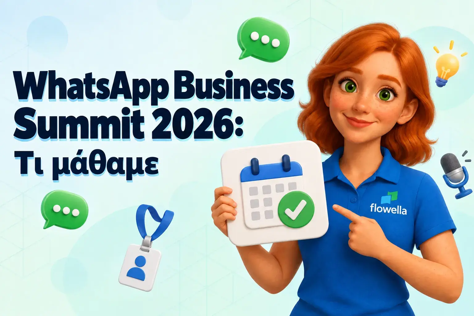 Διδάγματα από το WhatsApp Business Summit 2026: Η Flo κρατά μια πινακίδα με ημερολόγιο δίπλα στον τίτλο «Τι μάθαμε»