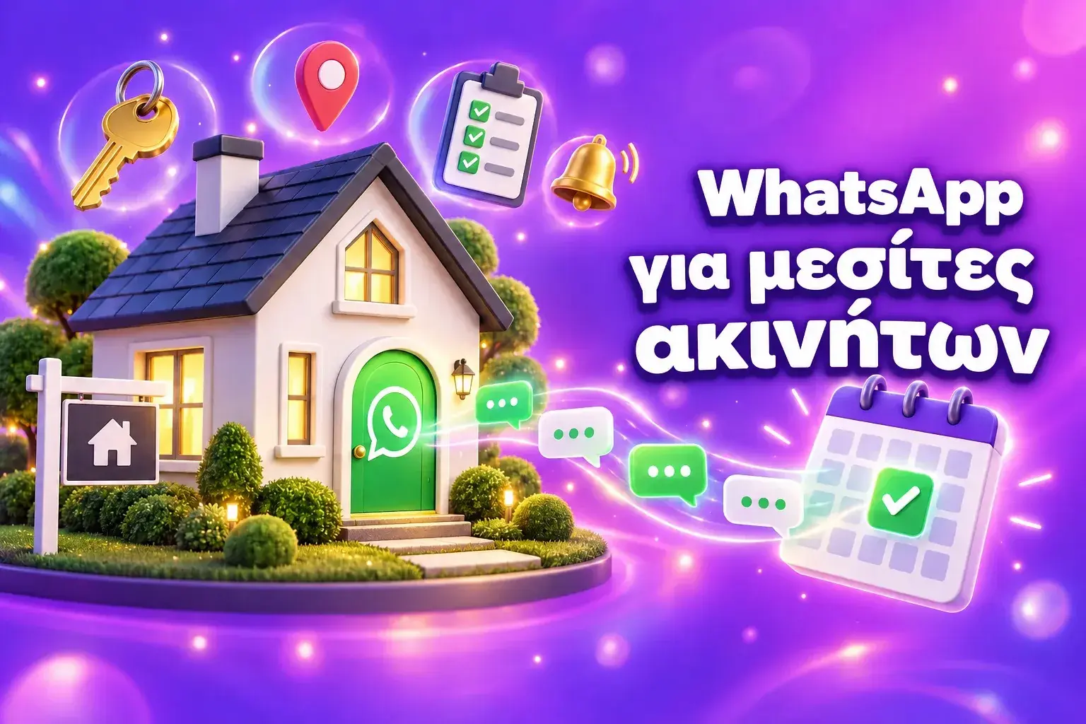 Το WhatsApp για μεσίτες ακινήτων: ένα σπίτι σε 3D με μια «πόρτα» συνομιλίας στο WhatsApp που στέλνει μηνύματα σε ένα ημερολόγιο προγραμματισμένων επισκέψεων