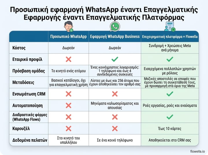 Comparison chart of personal WhatsApp vs WhatsApp Business app vs WhatsApp Business Platform with Flowella across cost, team access, broadcasts, CRM integration, automation, Flows, carousels and customer data
