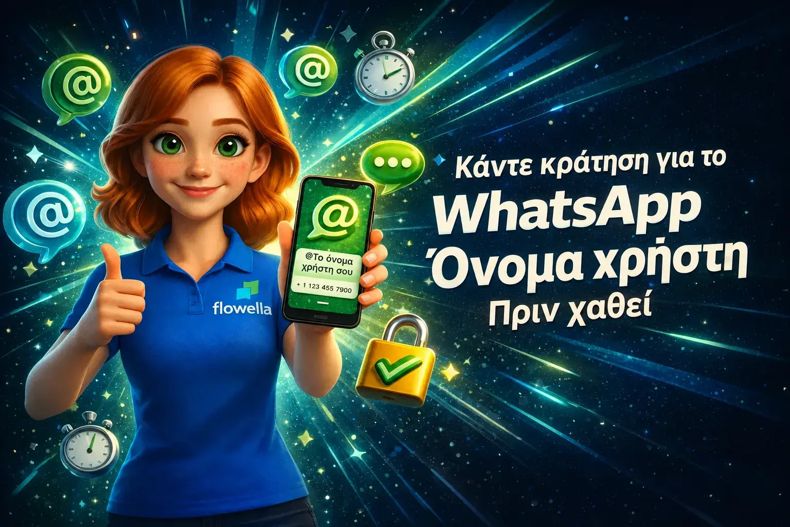 Κλείστε το όνομα χρήστη σας στο WhatsApp Business πριν το πάρει κάποιος άλλος: Η Flo κρατά ένα τηλέφωνο στο οποίο εμφανίζεται ένα @ handle