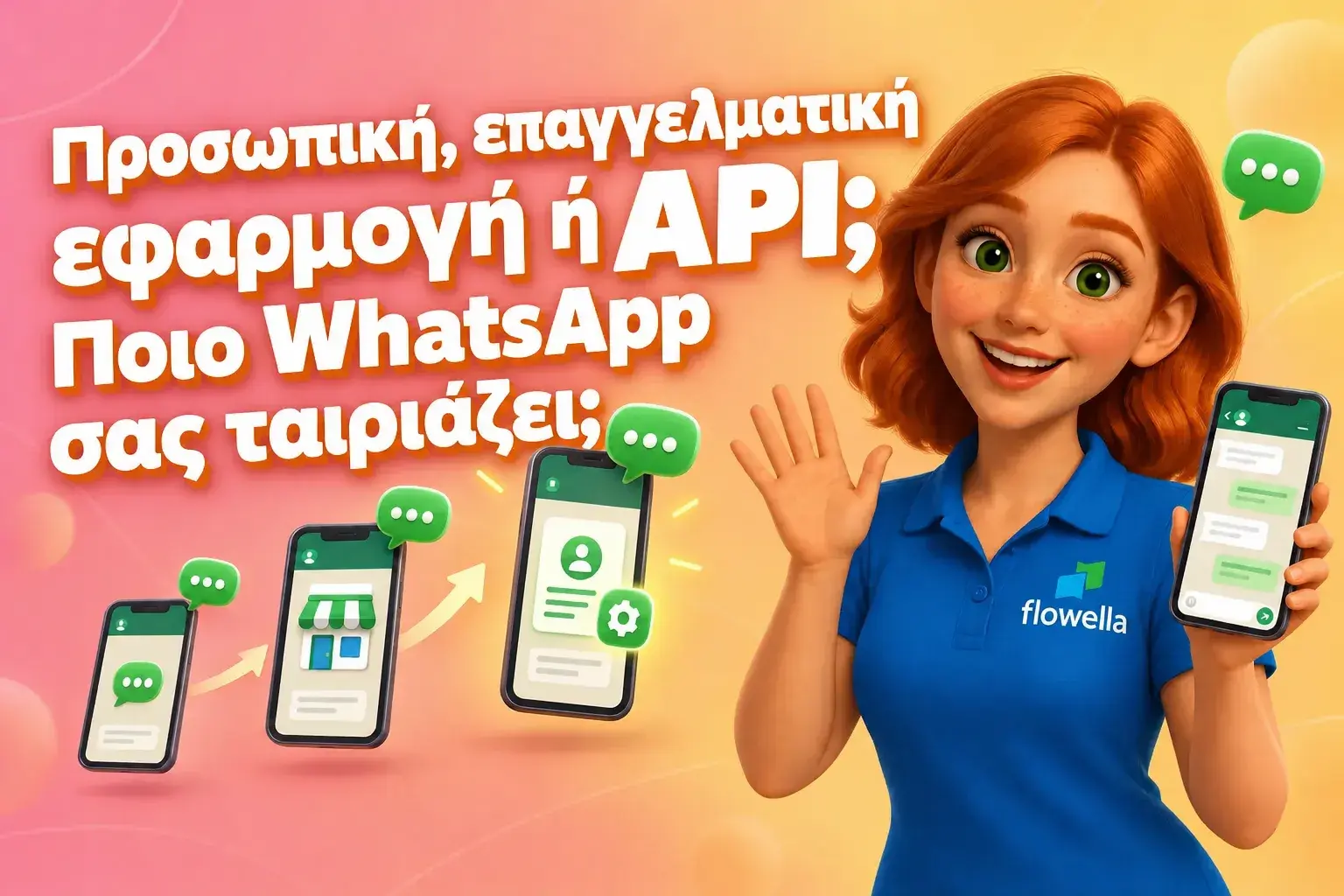 Εφαρμογή WhatsApp Business έναντι API: Η Flo από την Flowella χαιρετά δίπλα σε τρία τηλέφωνα, απεικονίζοντας τη μετάβαση από το προσωπικό WhatsApp στην εφαρμογή Business και στη συνέχεια στην πλατφόρμα WhatsApp Business